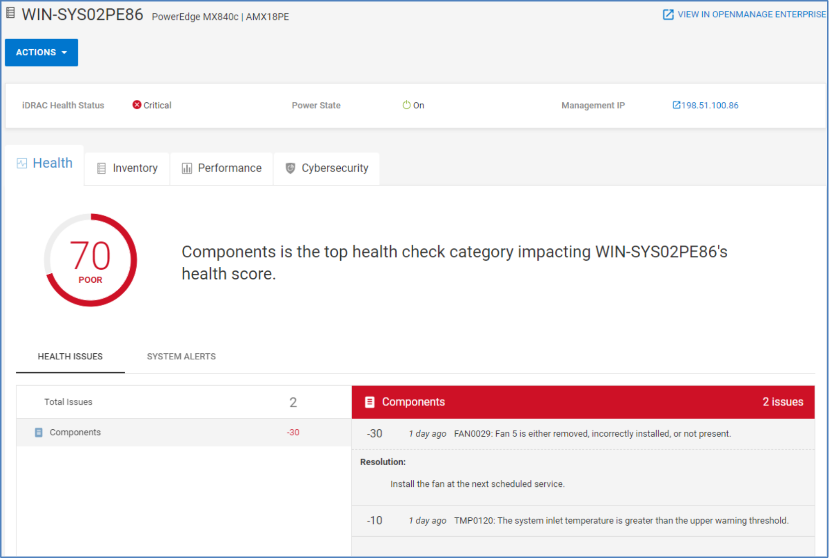 Health score tab for PowerEdge server showing proactive health score, health issues, and recommended remediation.