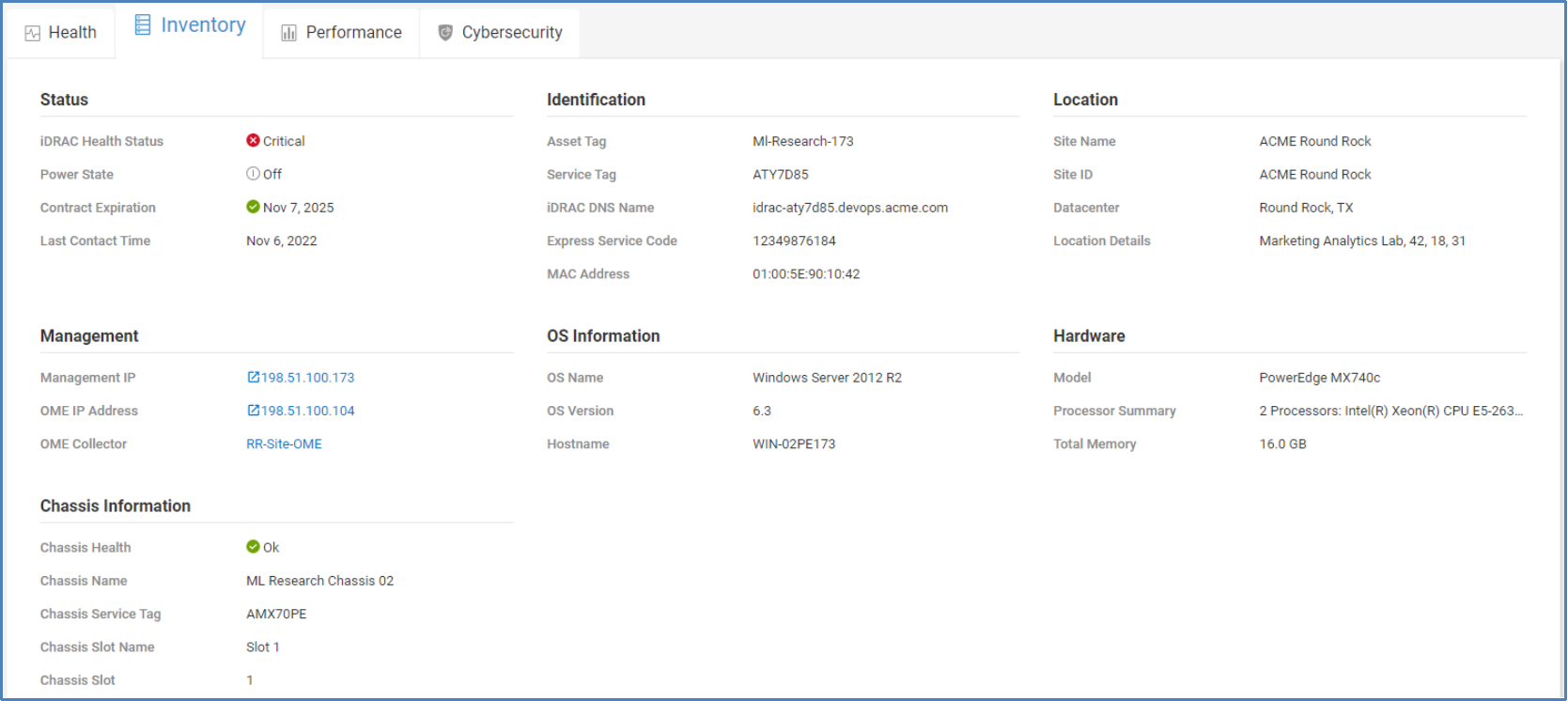 Inventory tab for PowerEdge server showing numerous attributes such as contract status, site and location, service tag, management IP addresses, OS information, and model. 