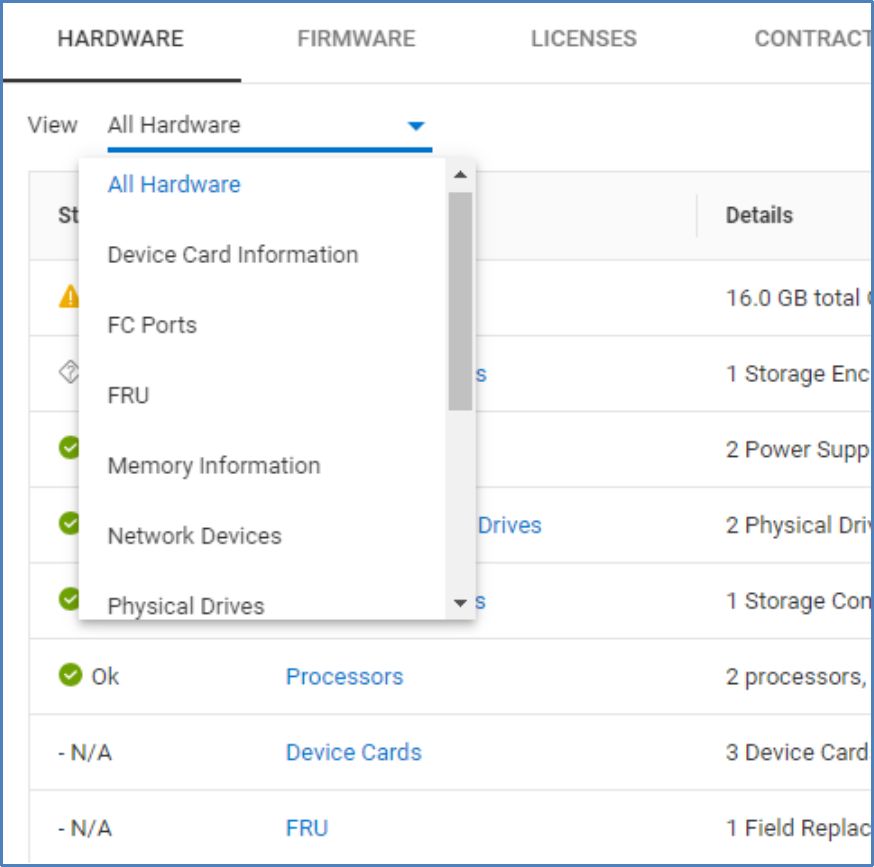 Pull down menu to change views under the hardware tab for PowerEdge servers.