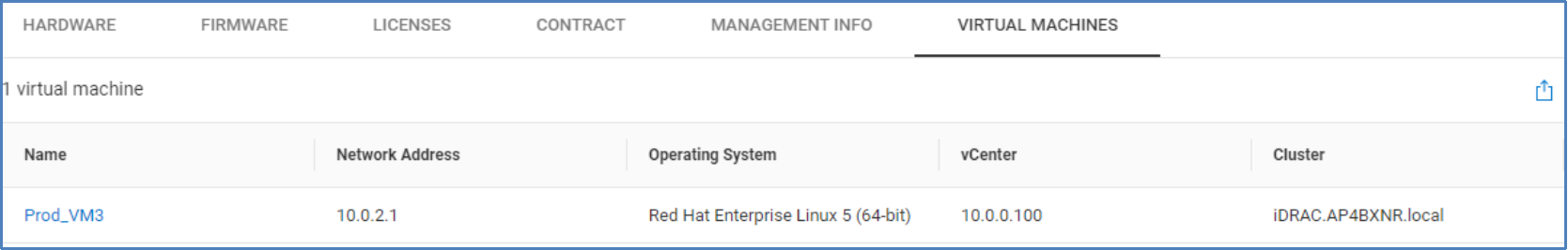 Virtual machines tab listing information for each virtual machine if PowerEdge server is running ESXi.