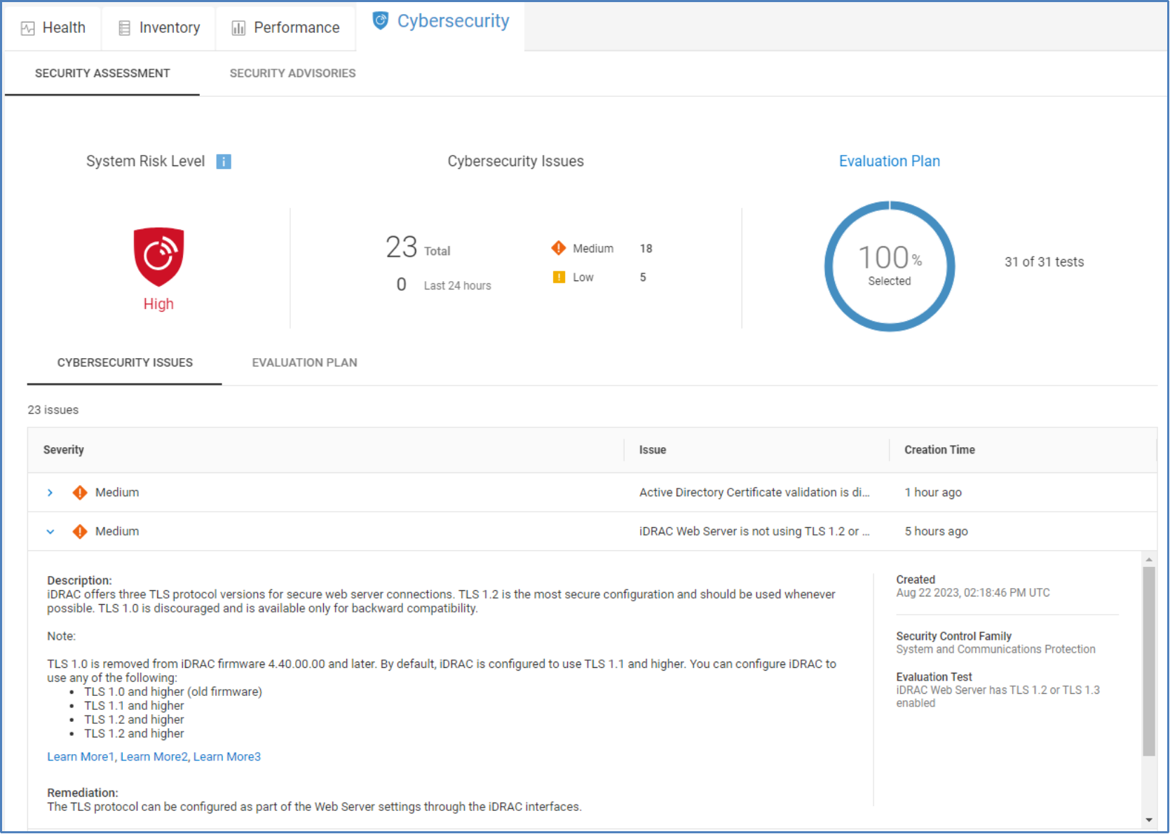 Cybersecurity tab for a PowerEdge server listing cybersecurity risk level, active cybersecurity configuration issues, and recommended remediation.