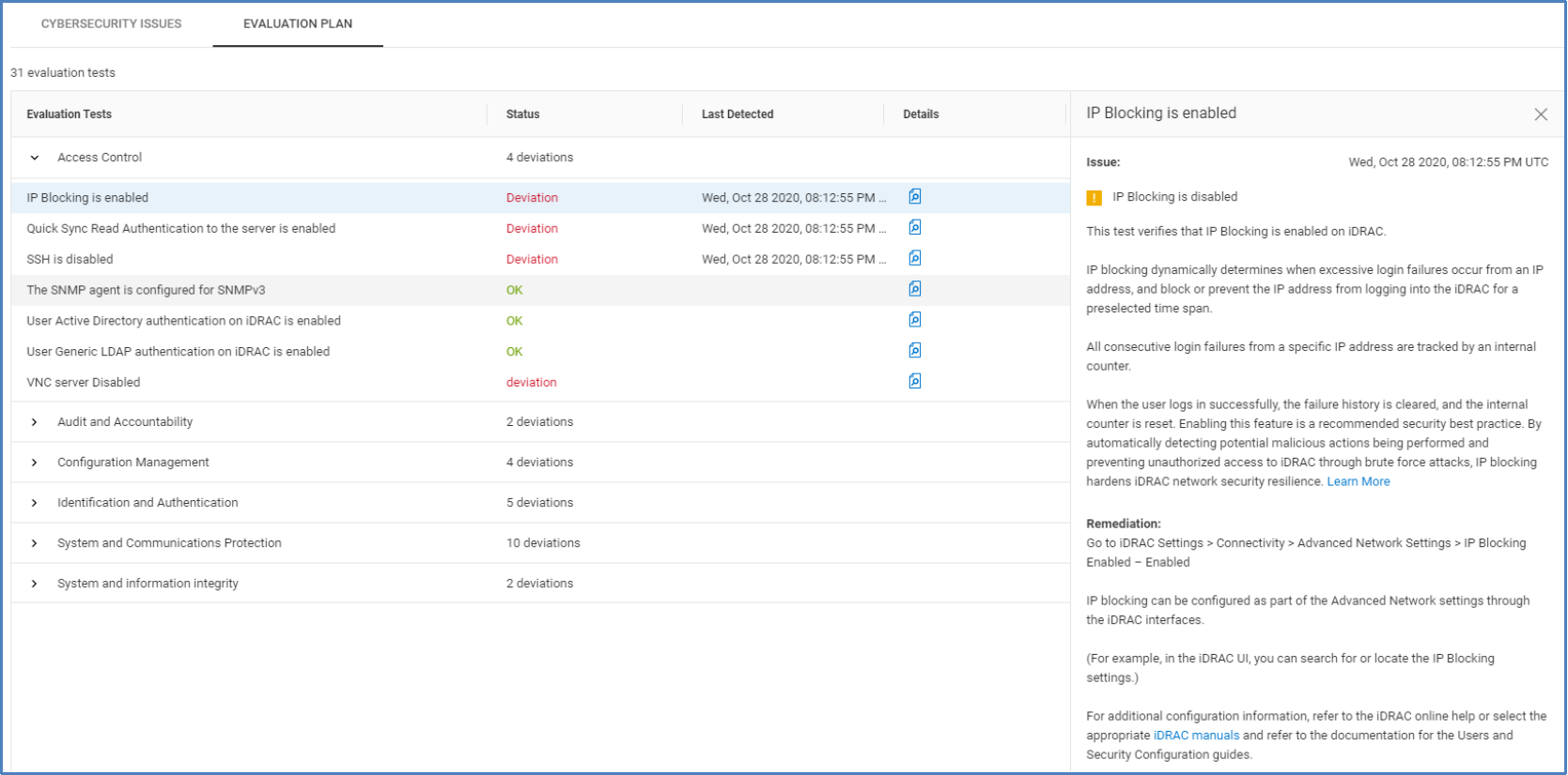 Cybersecurity evaluation plan for a PowerEdge server listing each possible test, the status, and when an issue was last detected.