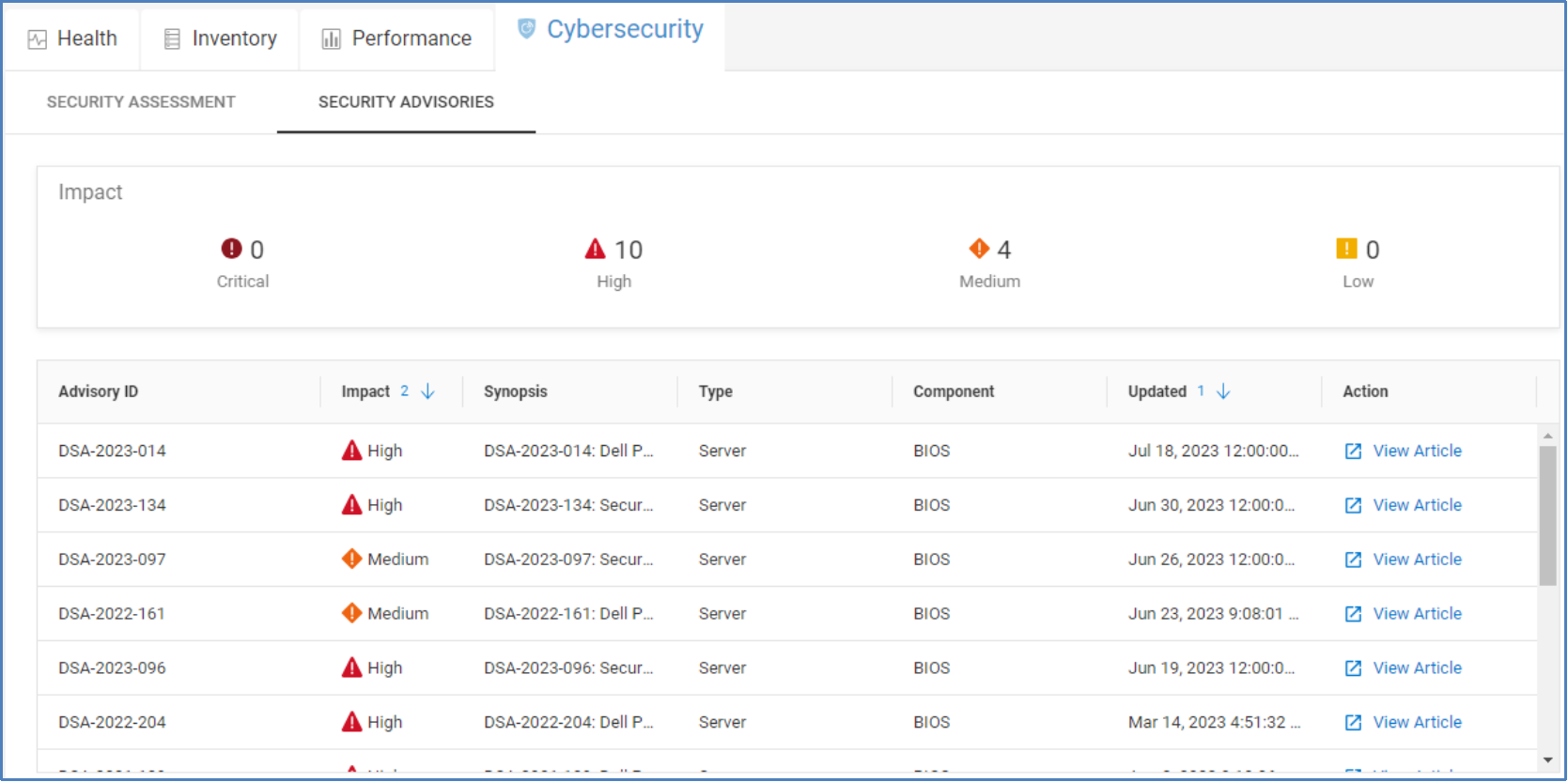 Security Advisories tab for a PowerEdge server listing out applicable Dell Security Advisories for this server with a link to the knowledge base article.