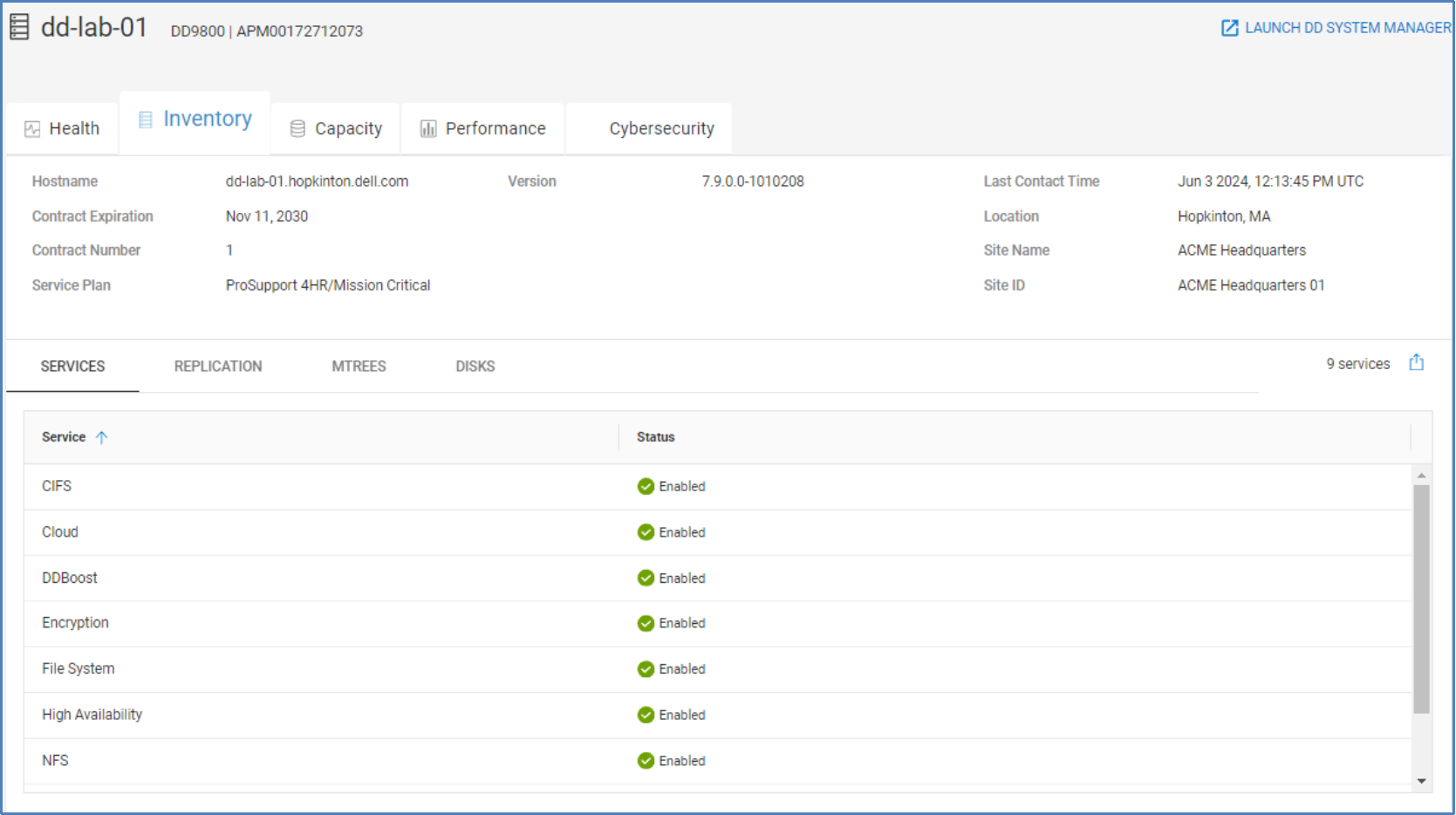 Inventory tab for PowerProtect DD system showing various attributes including contract information, version, site, and location information.