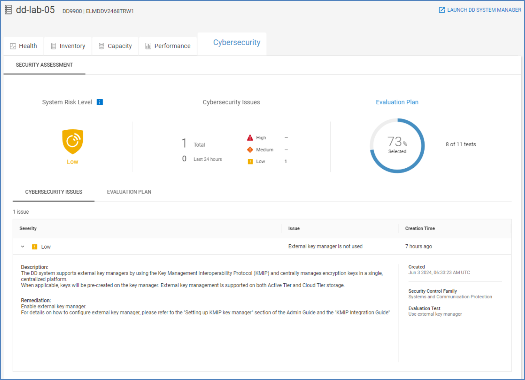 Cybersecurity tab for a PowerProtect DD system showing the cybersecurity risk level, active cybersecurity configuration issues, and remediation.