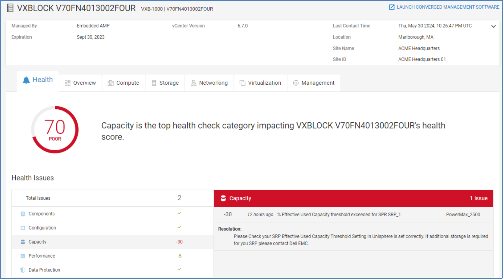 Health score tab for storage system component of VxBlock converged infrastructure.