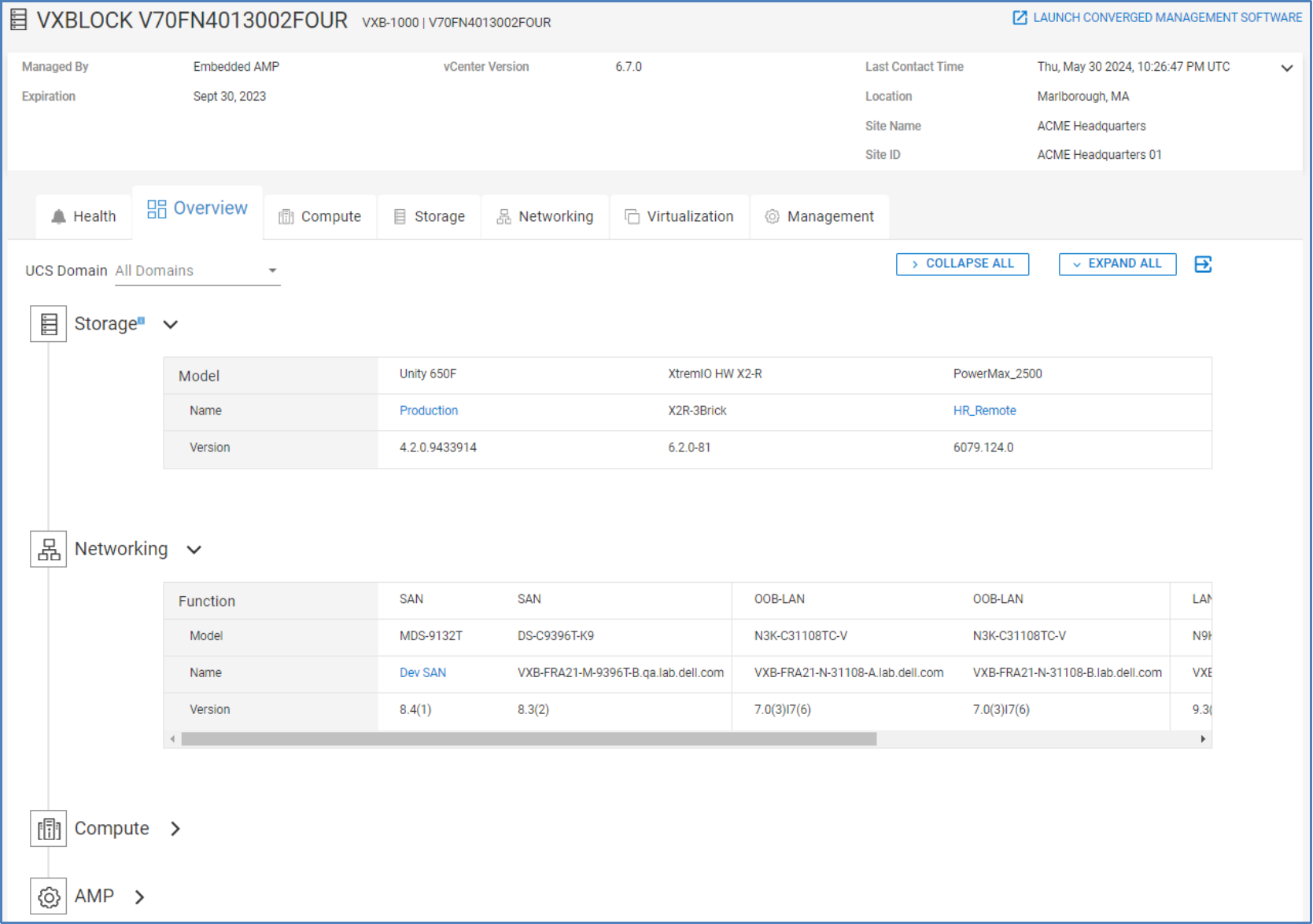 Overview tab for VxBlock showing information for storage and networking.