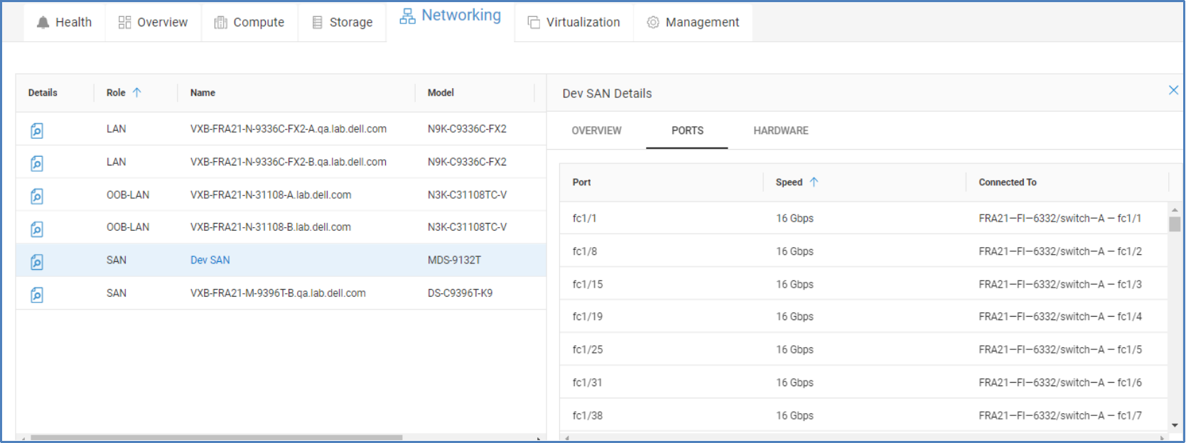 Networking tab for VxBlock showing model, version, and serial number information for SAN and LAN networking devices.