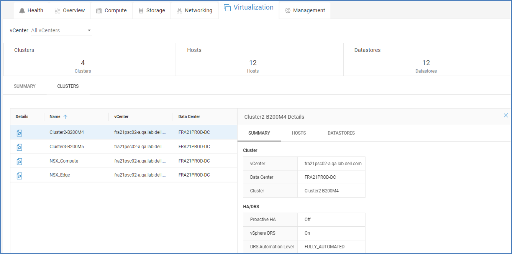 Virtualization tab for VxBlock showing vCenter and ESXi cluster configuration information.