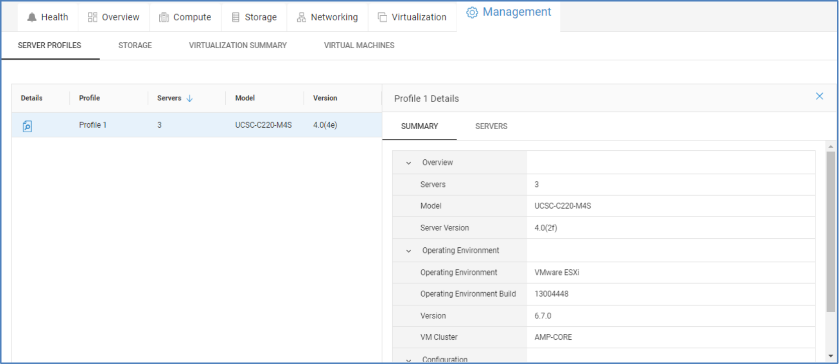 Management tab for VxBlock showing the details of the server profiles.