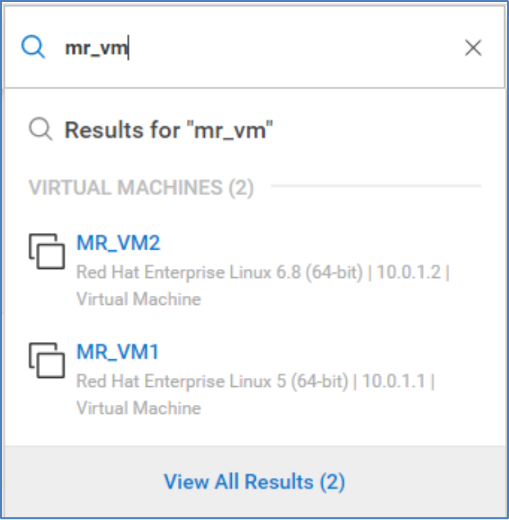 Search results window for virtual machine name.