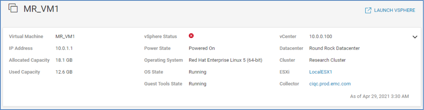 Attributes for virtual machine including IP address, allocated and used capacity, operating system, OS state, and ESXi server.