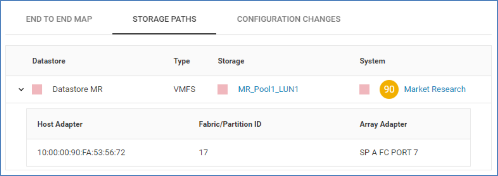 Storage Paths tab for virtual machine showing relationship of each datastore to the storage device and storage system.