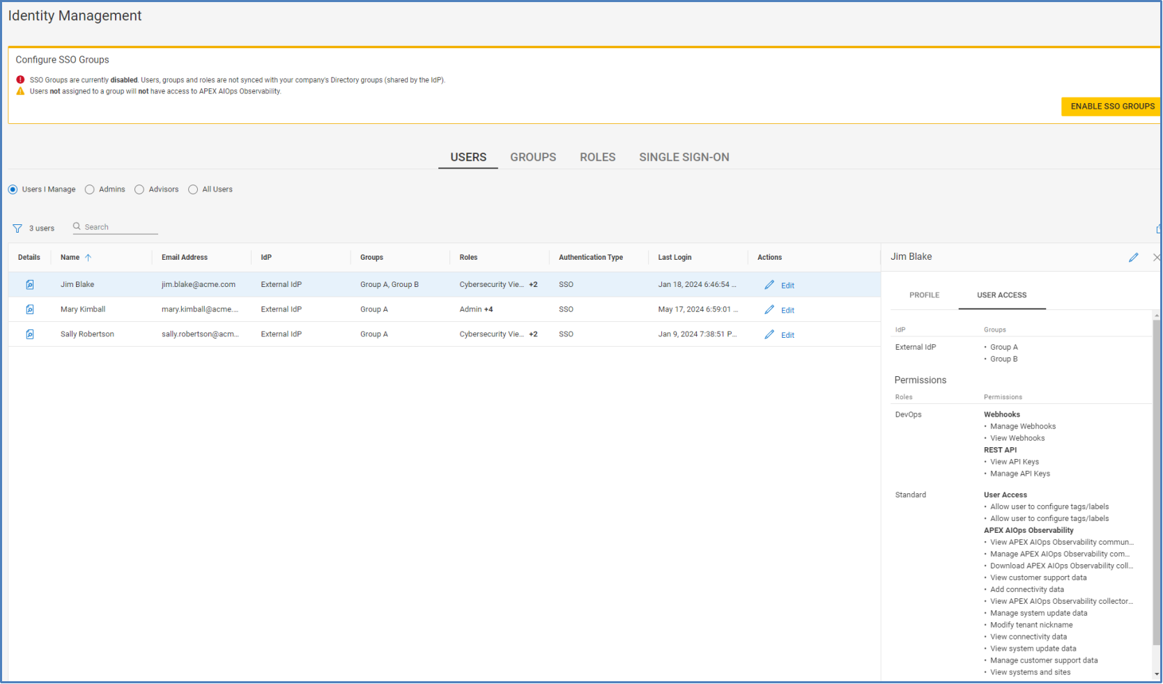 Identity Management page for users with Admin role. Users tab show listing all Observability users and status.