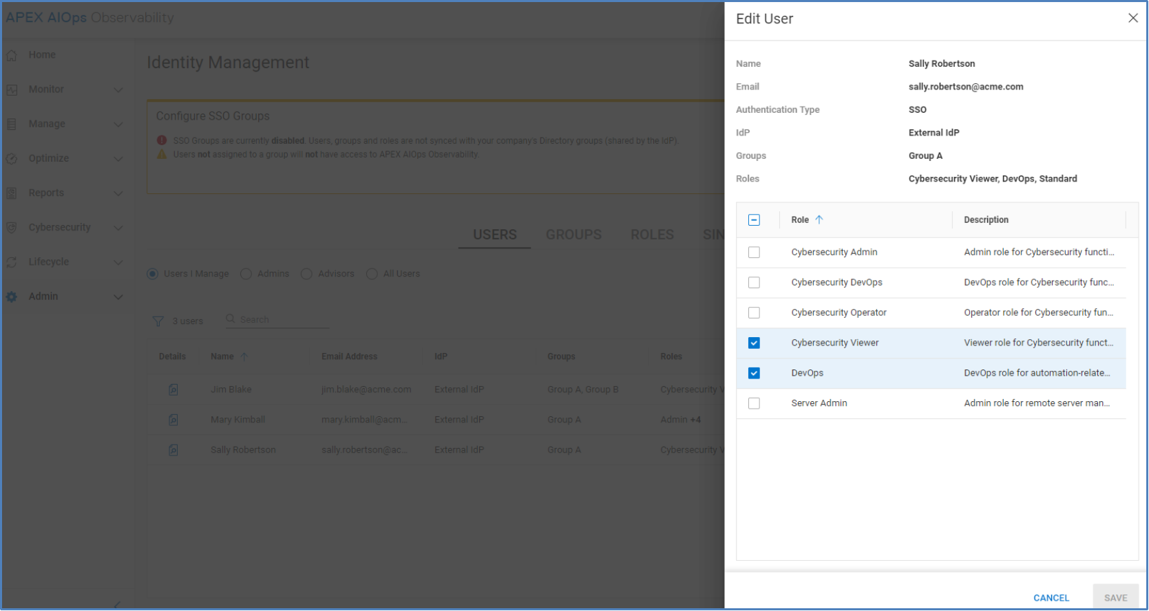 Edit User window where Admin user can assign roles to a user when SSO Groups are not enabled.