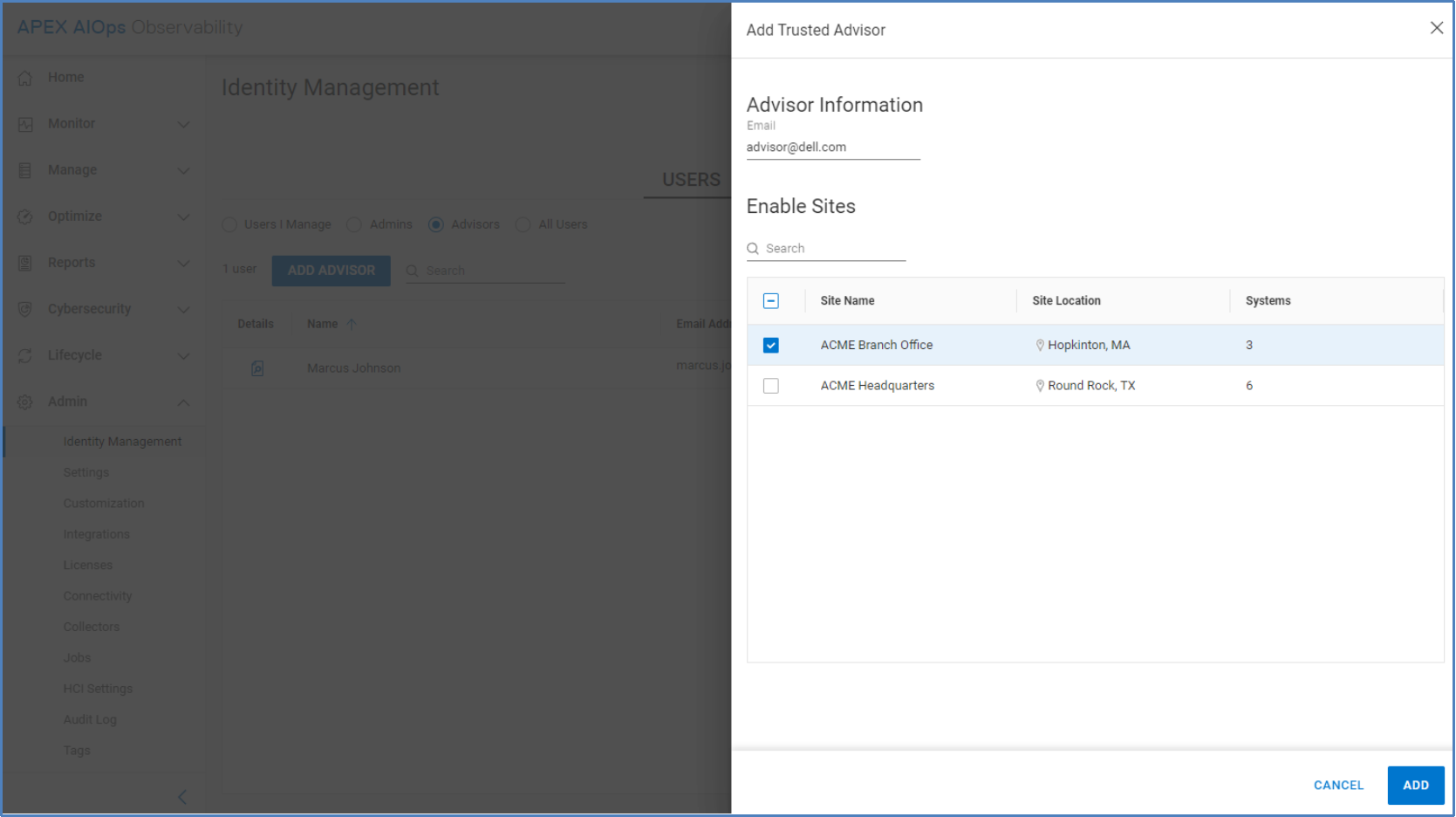 Add Advisor window where an Observability Admin or Standard user can invite a trusted Dell or partner advisor to view-only access of the Observability UI.