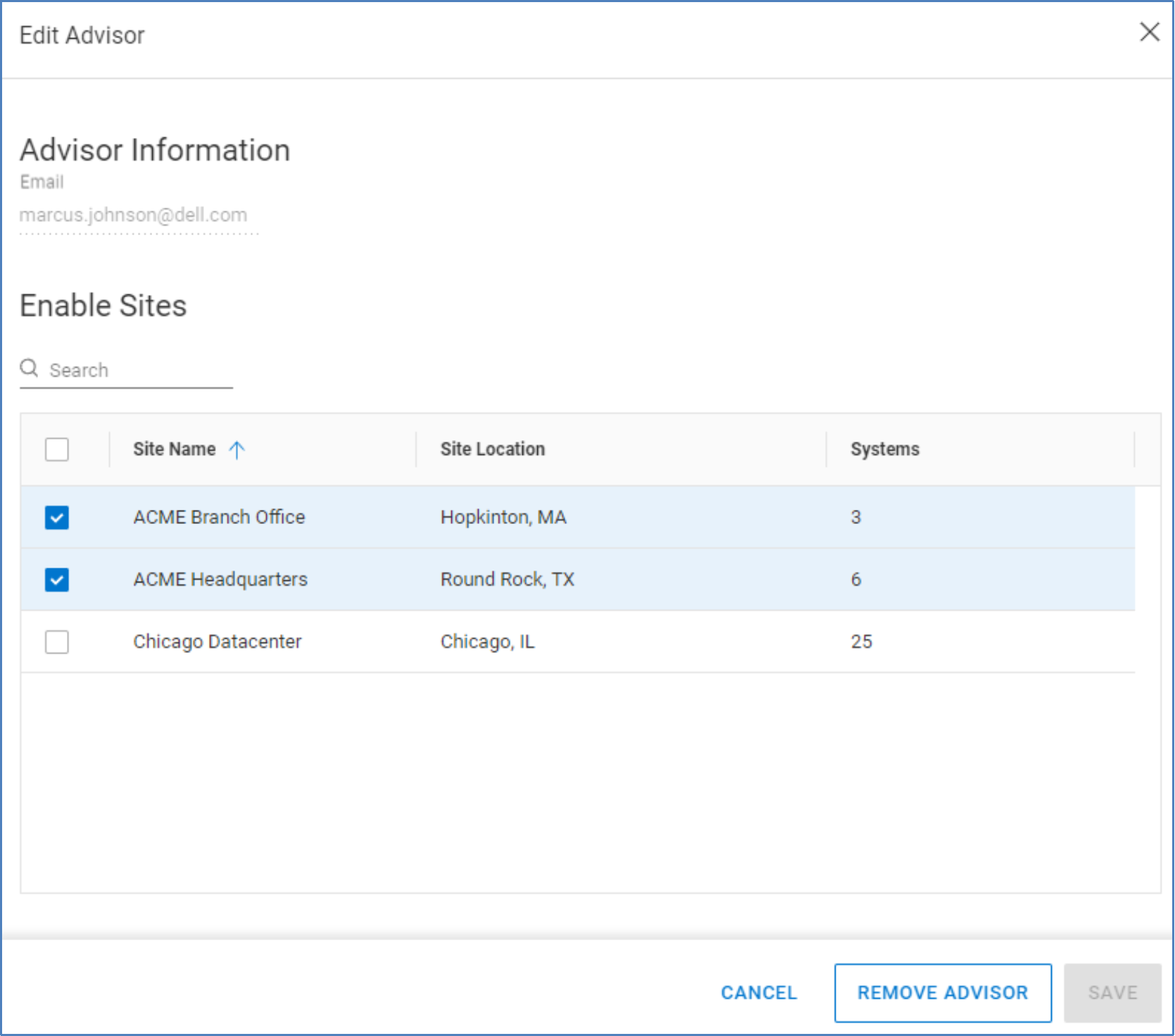 Edit Advisor window showing that an Observability user can change which sites the advisor can access and can also remove the advisor from Observability access.