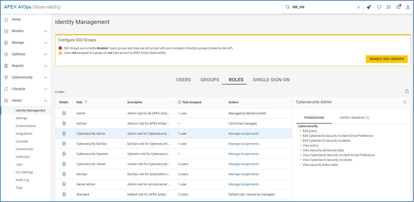 Roles tab in Identity Management listing each Observability role. 