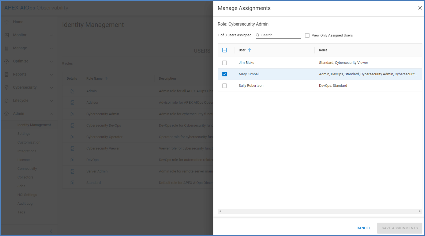 Manage Assignments window for a role which allows and Admin to assign users to the role SSO Groups are not enabled. 