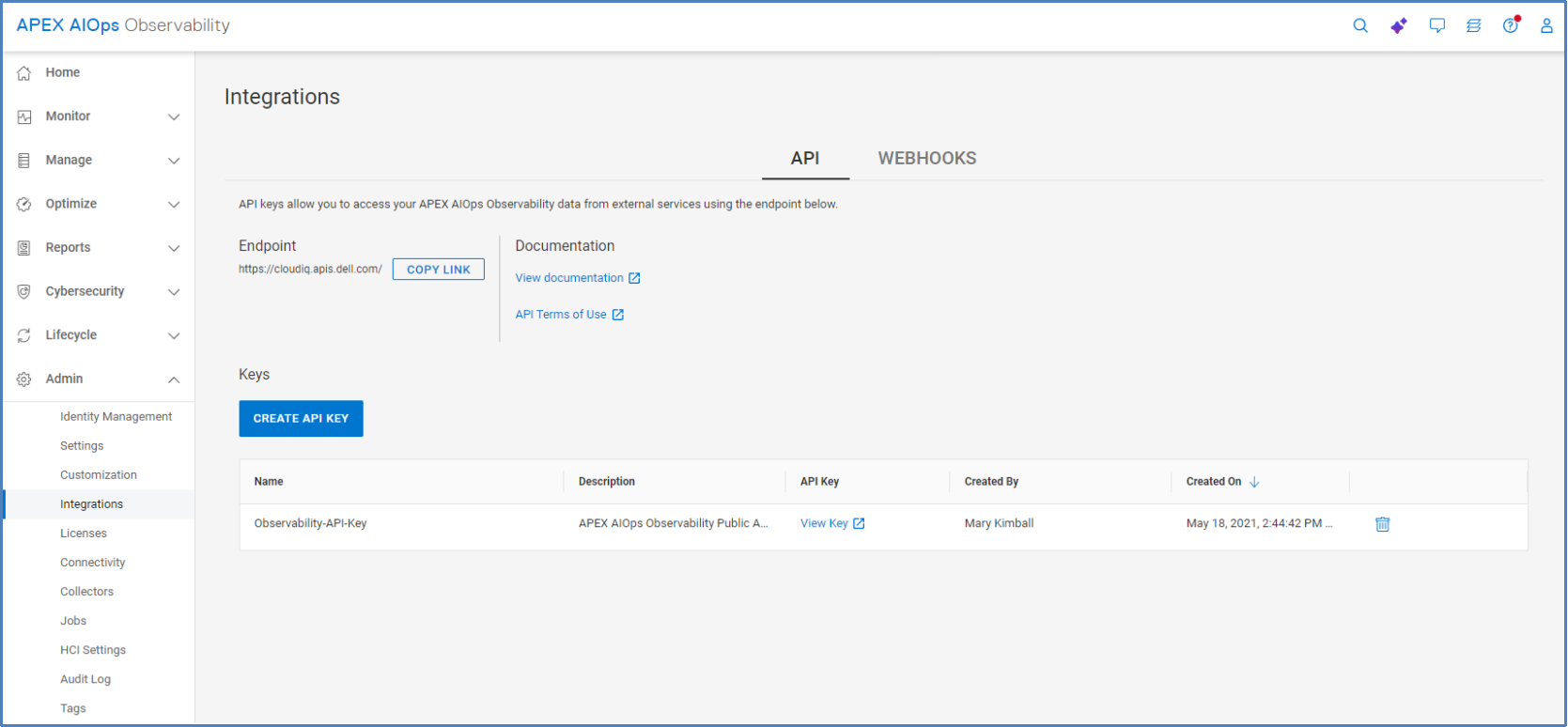 API tab for Integrations where a user with DevOps role can create the API Key for API access.