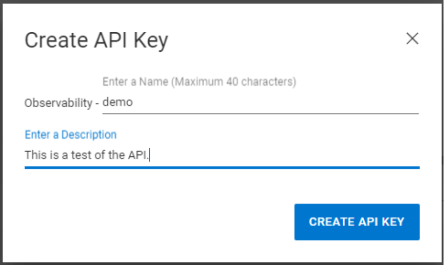 Create API key window where customer enters the key name and provides a description.