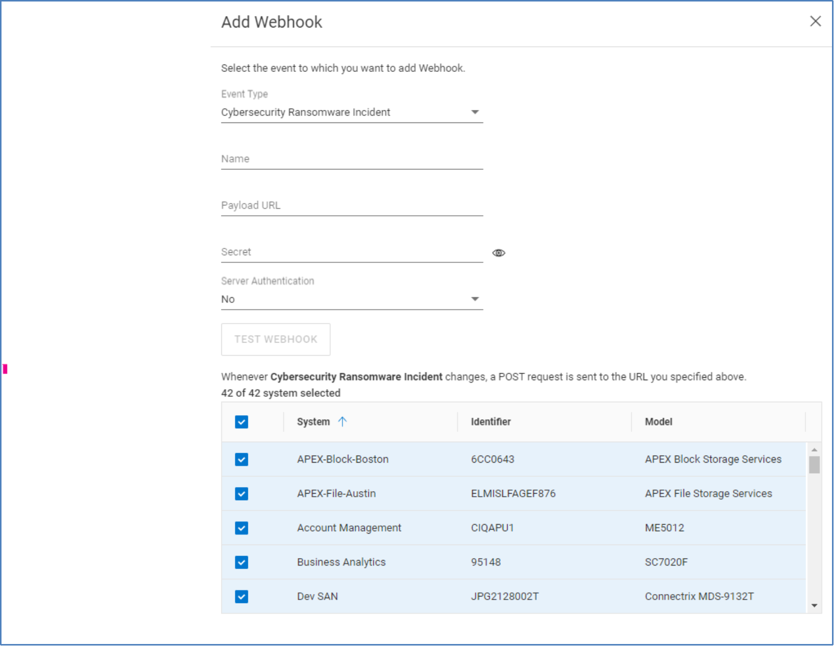 Add Webhook window where customer chooses the event type and enters the webhook name, payload URL, Secret, and Server Authentication.