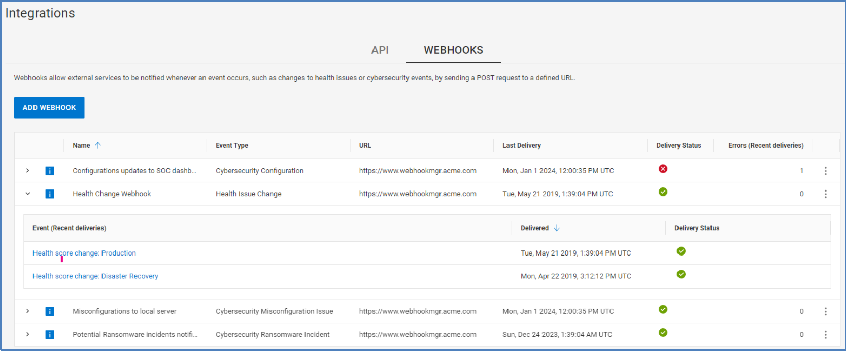 Webhooks tab under Integrations listing out all configured webhooks and delivery status.