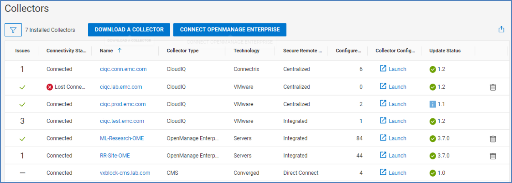 Collectors page listing each collector, the connectivity status, the collector type, the secure connectivity type, number of configured systems, and version.