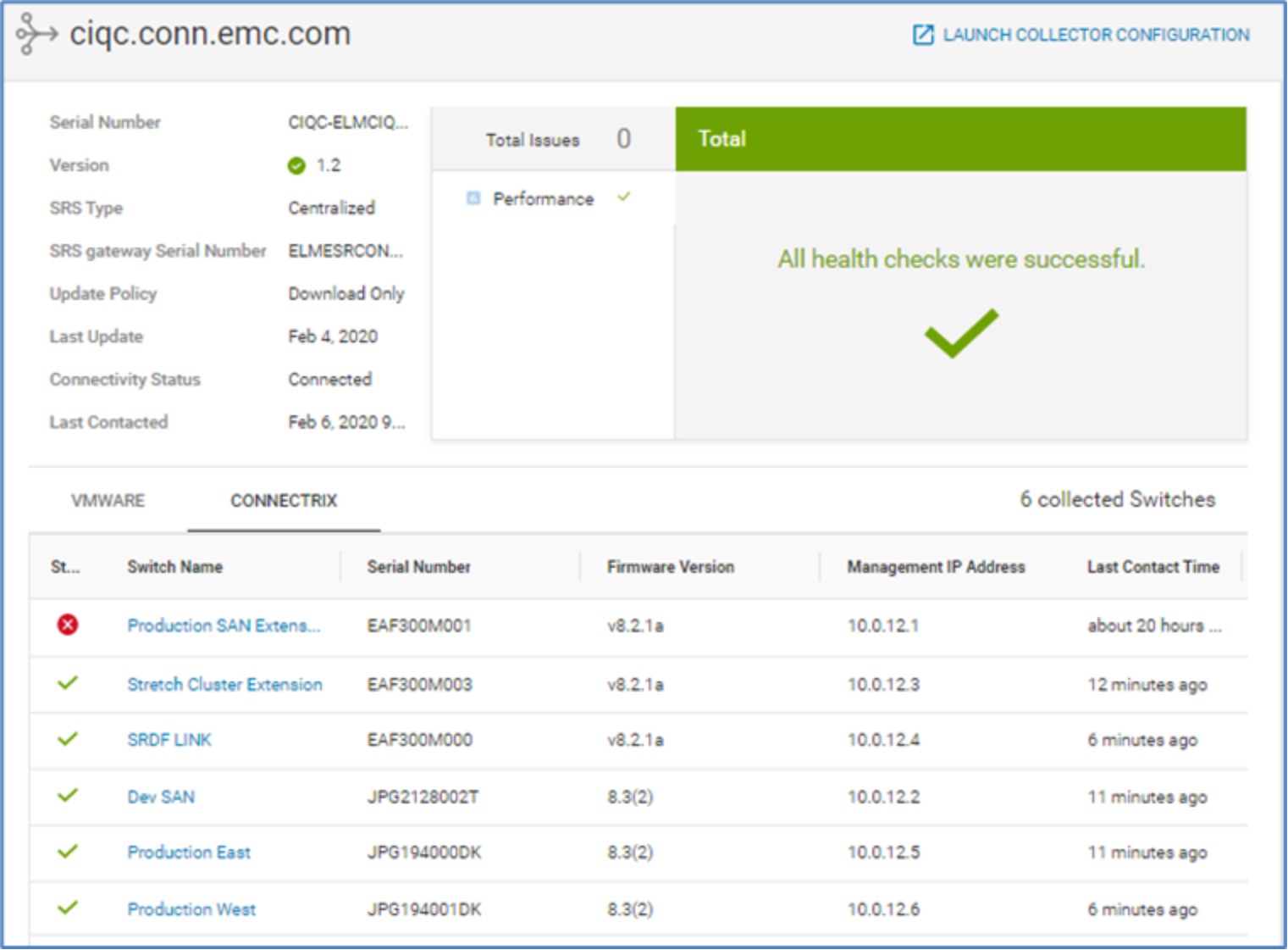 Collector details page for Observability Collector. Various attributes of the collector are displayed as well as the configured devices and health status of the collector.