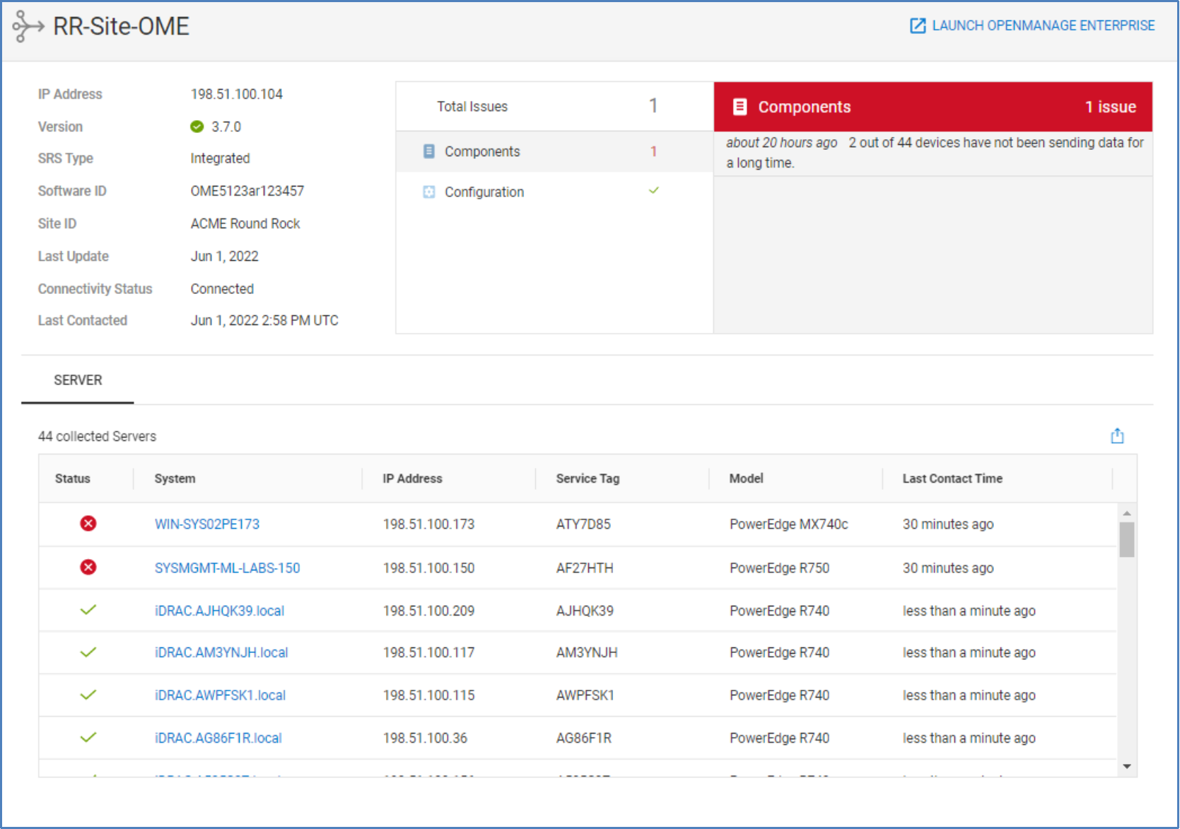 Collector details page for OpenManage Enterprise collector. Various attributes are displayed as well as list of configured servers and the health of the OME collector.