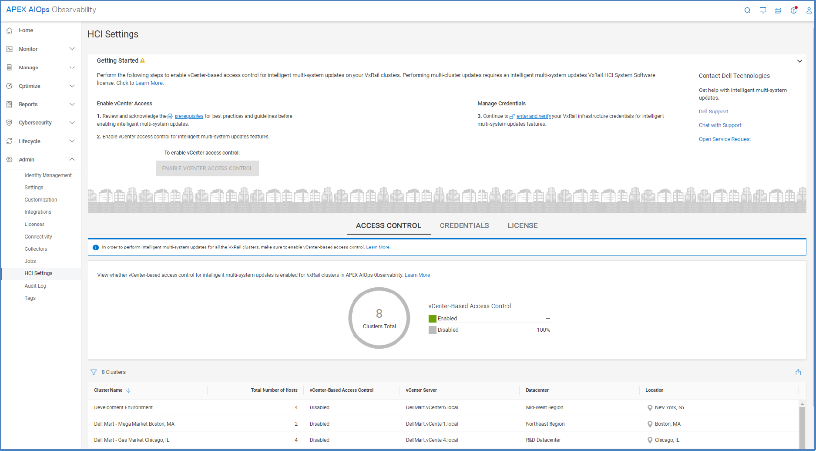 Access Control tab for HCI settings listing each HCI cluster and status of vCenter-Based Access Controls. 