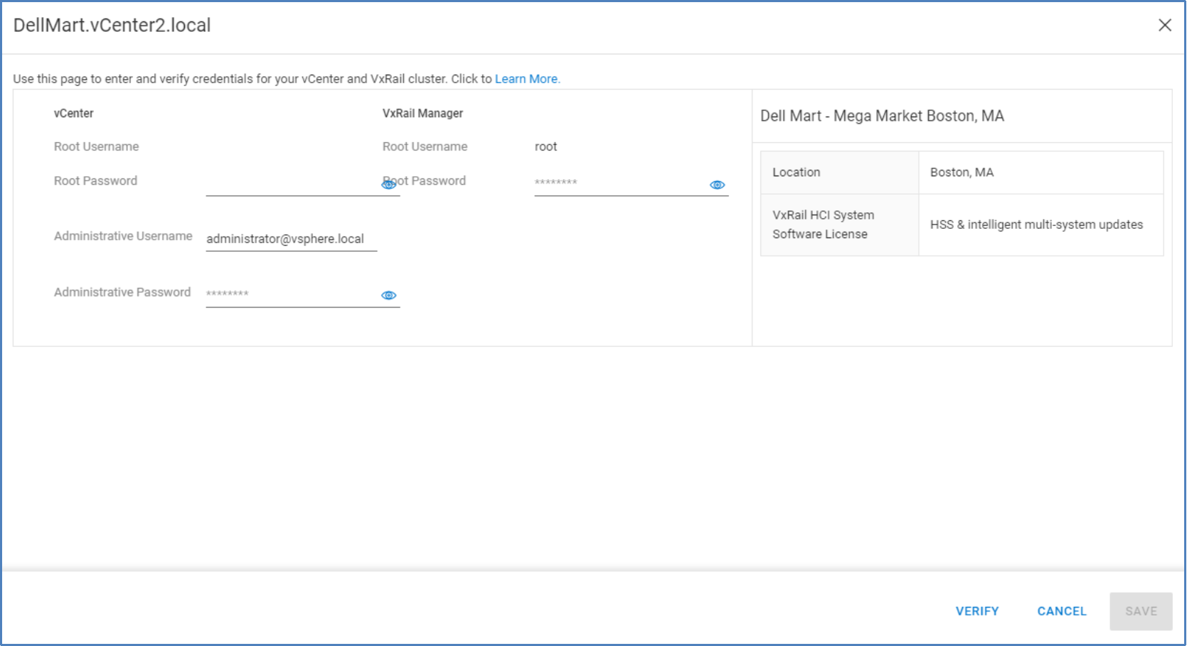 Credentials tab for HCI Settings page where credentials are entered for each VxRail cluster to verify the user has permission to perform the upgrade.