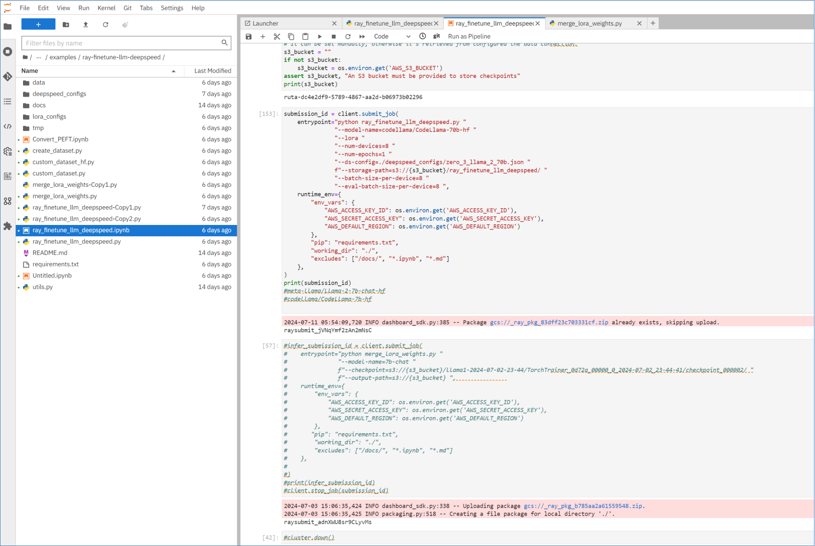 Jupyter notebook showing python statements to start model fine tuning operations