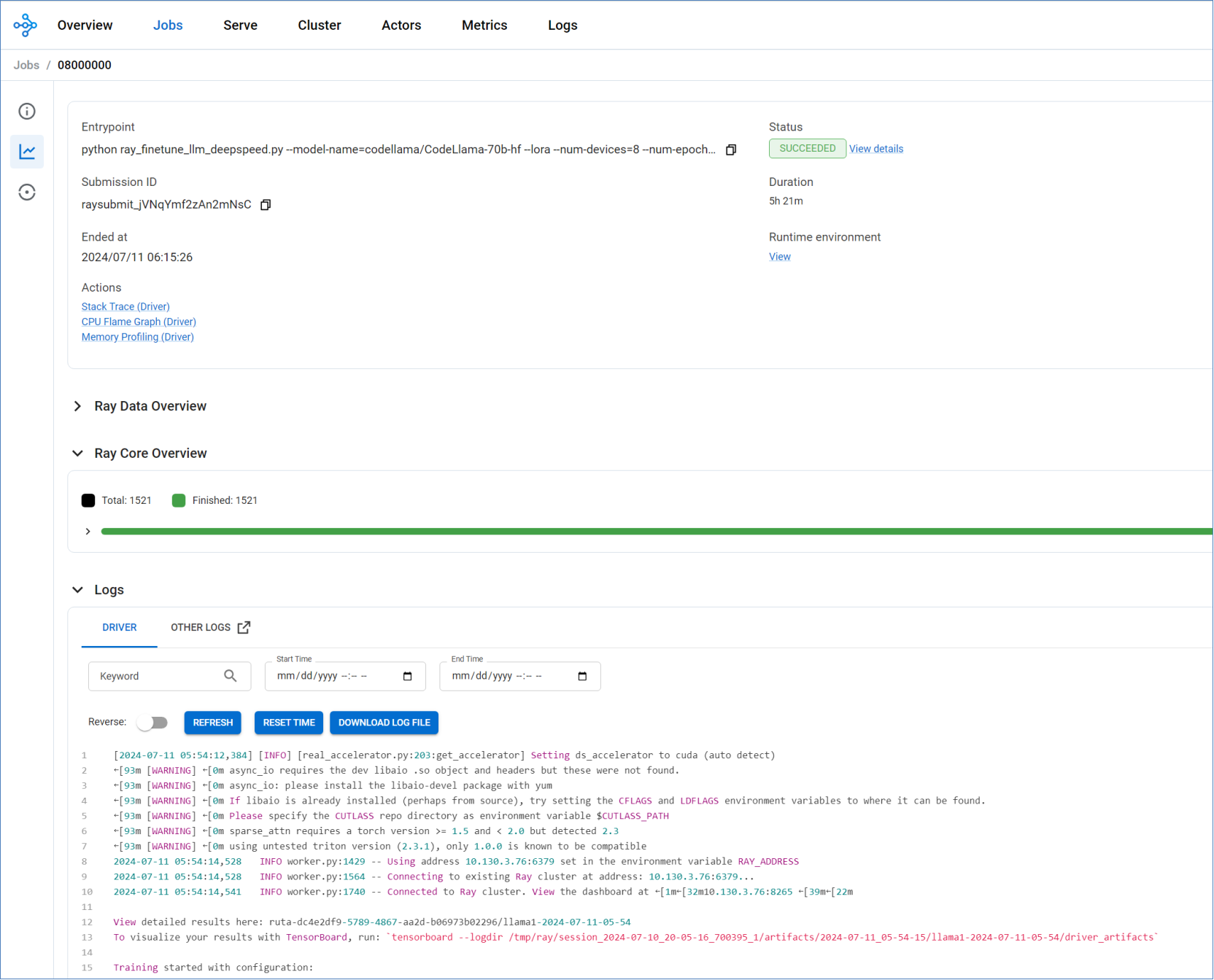 Ray cluster dashboard showing successful training job results