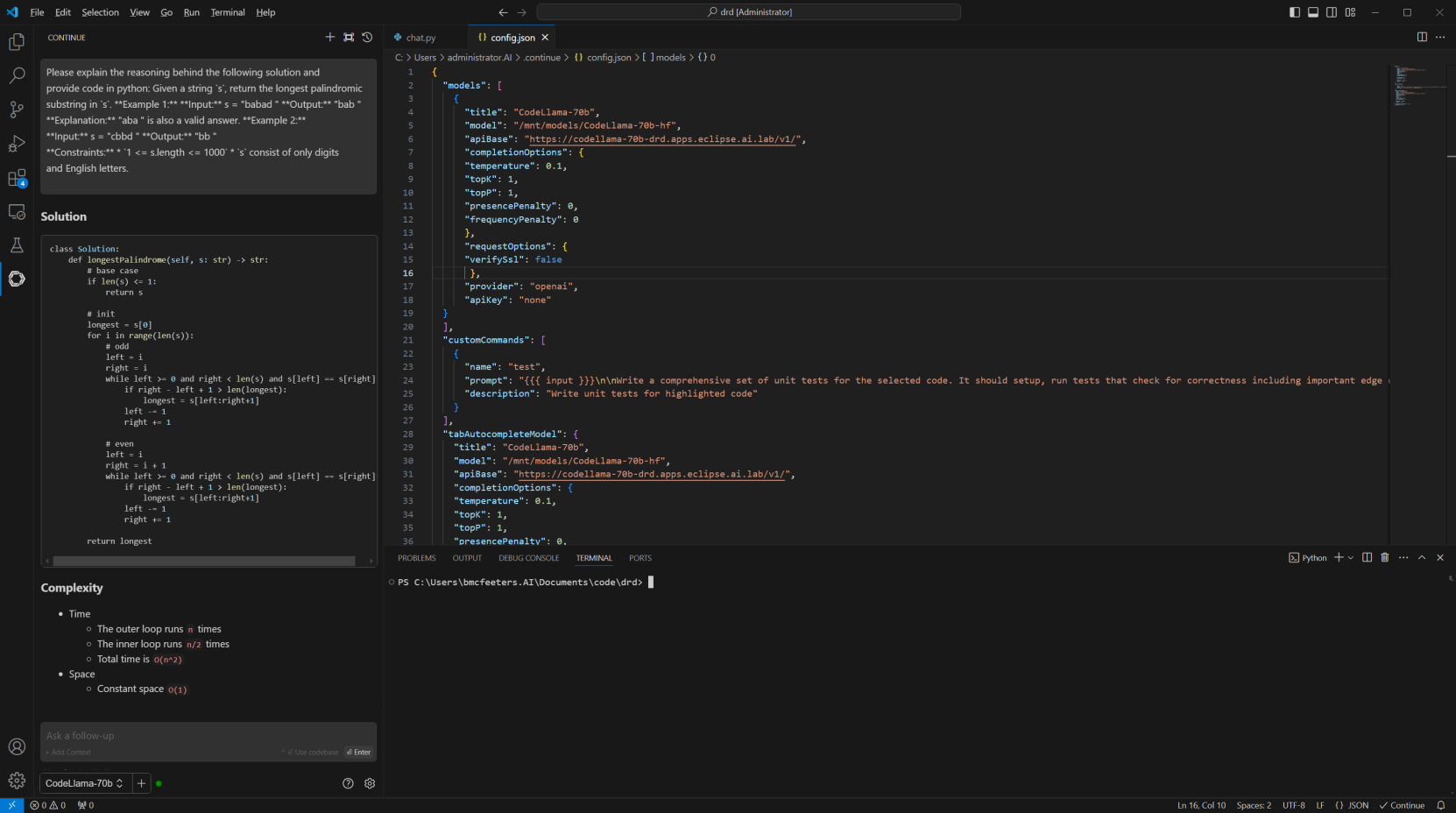 Visual Studio Code screenshot showing inferencing results with base model