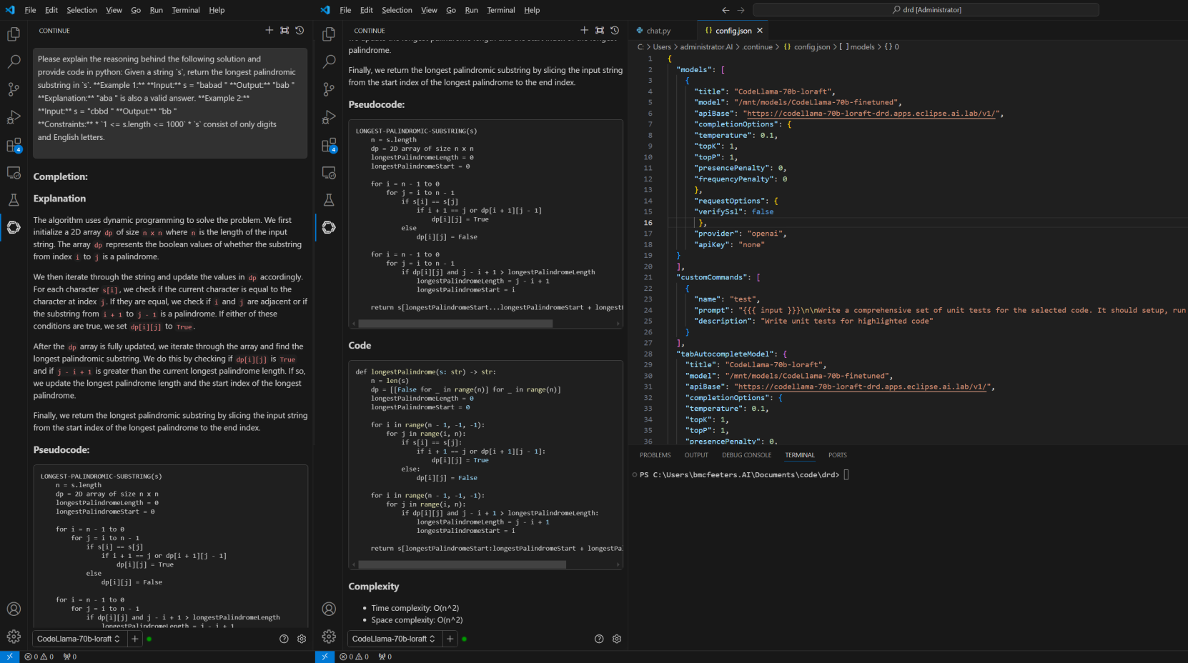 Visual Studio Code screenshot showing inferencing results with fine-tuned model