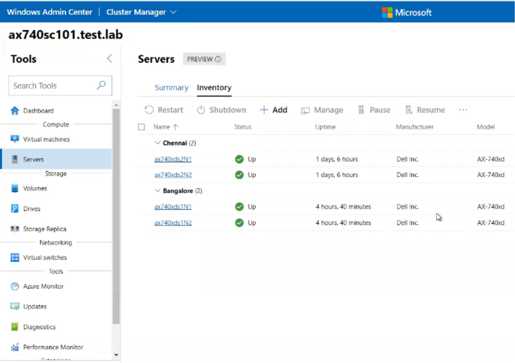 Healthy cluster reported by Windows Admin Center