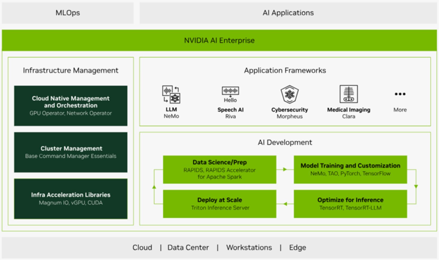 This image shows the components of NVIDIA AI Enterprise software stack.