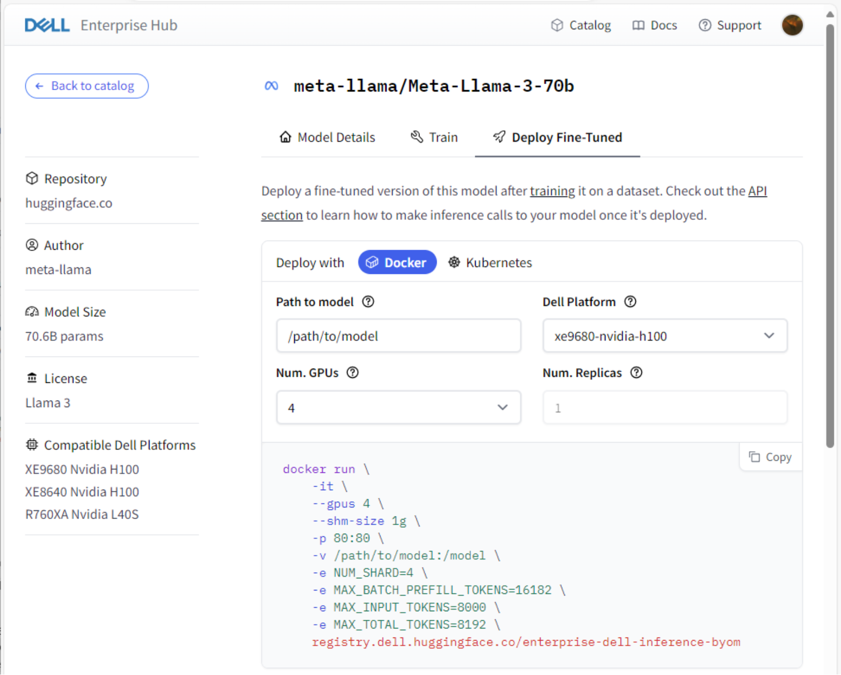 Sample Model Card Deploy Fine-Tuned tab, Dell Enterprise Hub on Hugging Face