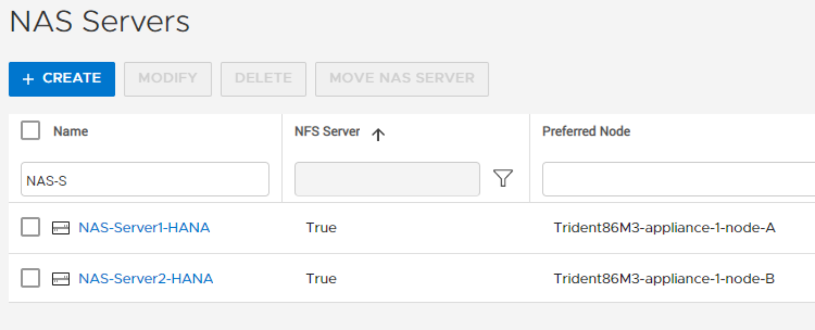 Screenshot showing details of two NAS servers on two nodes