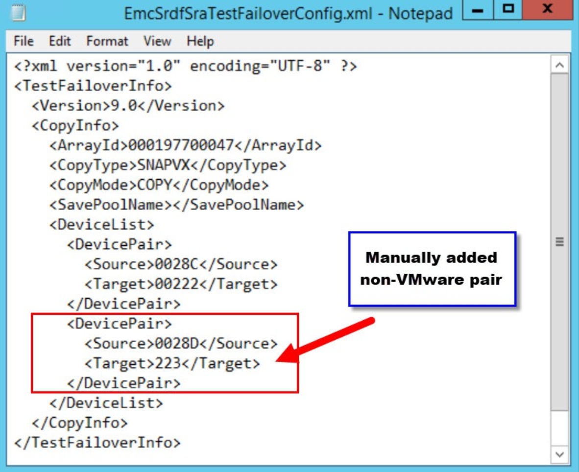Figure 89. Test failover configuration file with manually added device pair 