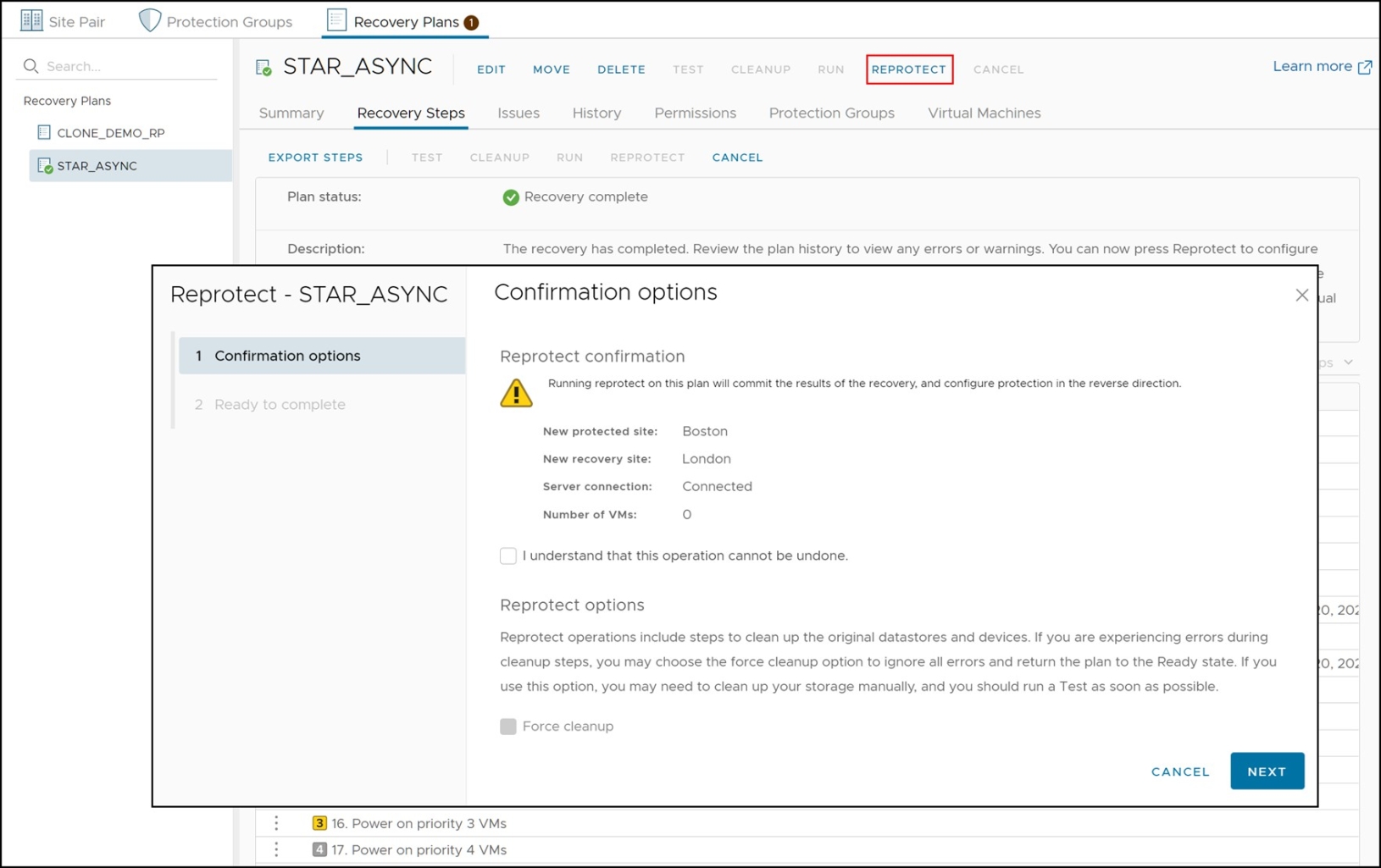 Figure 174. Executing a reprotect operation in VMware vCenter SRM 