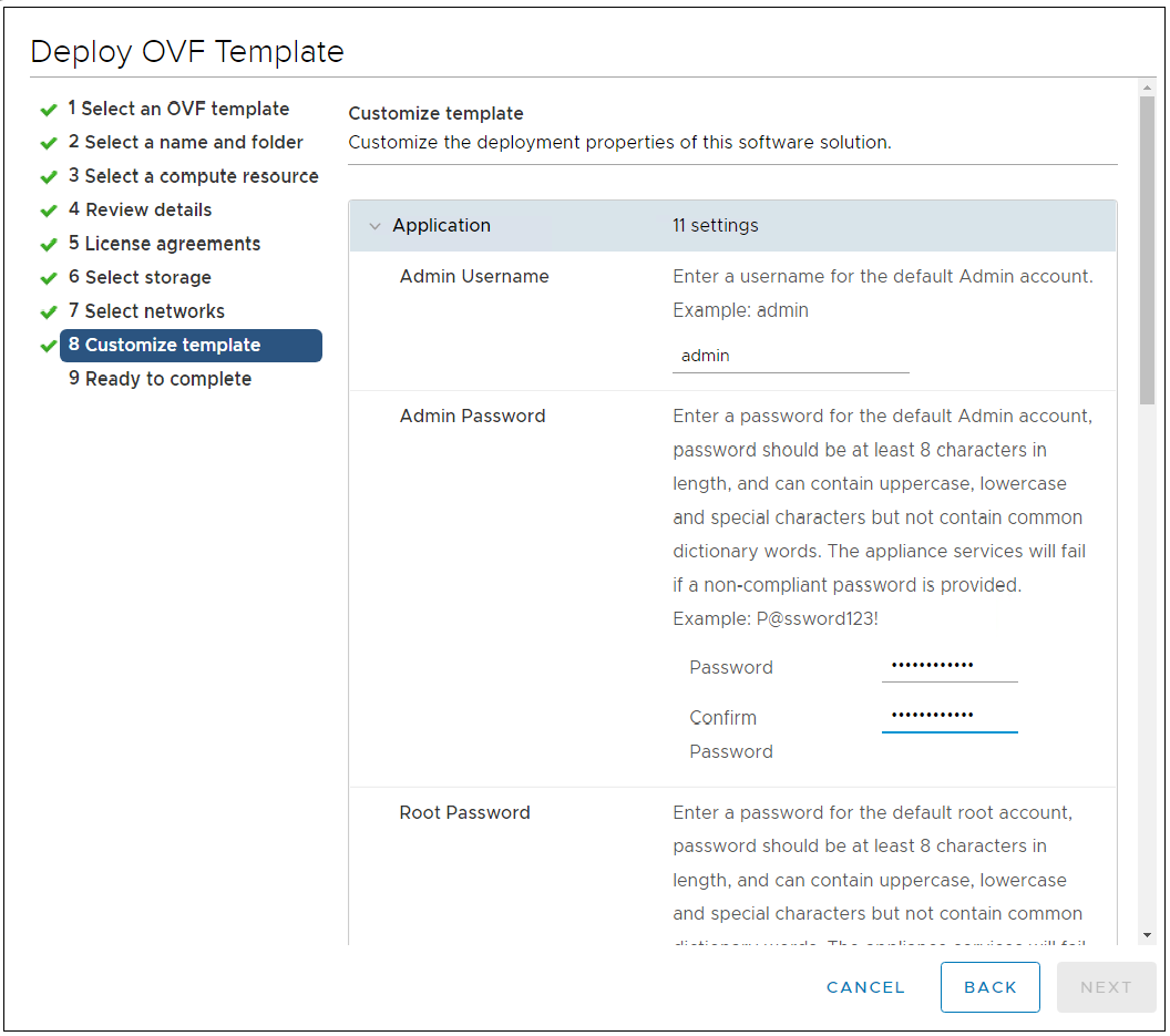 OVF customize template page