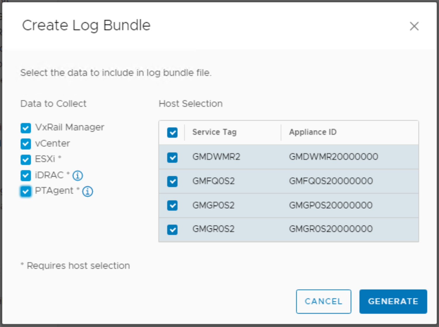 A screenshot showing to generate a VxRail log bundle