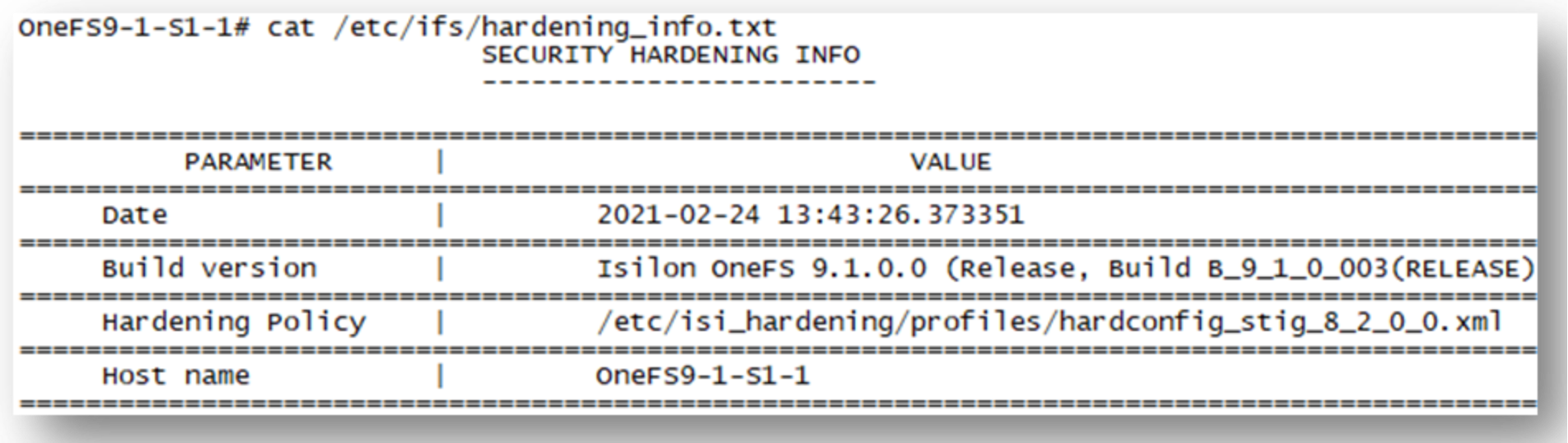 A figure illustrating the CLI output of the hardening info command.