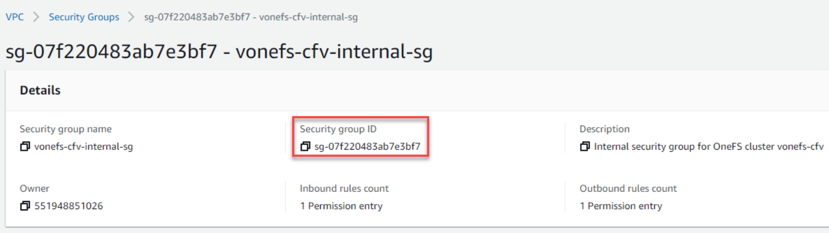 This figure shows the Internal security group ID.