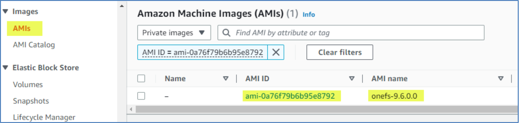 This figure shows a OneFS AMI image info for the EC2 service.