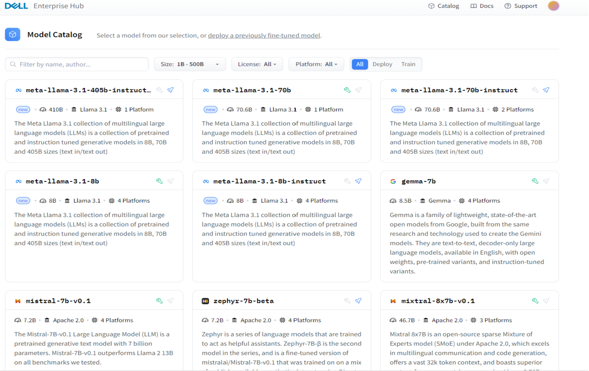 This image shows the homepage of Dell Enterprise Hub. The screen contains different cards for different models, as well as several different filters at the top. The filters include: model name, model size, license, platform, and model type(deploy or train).
