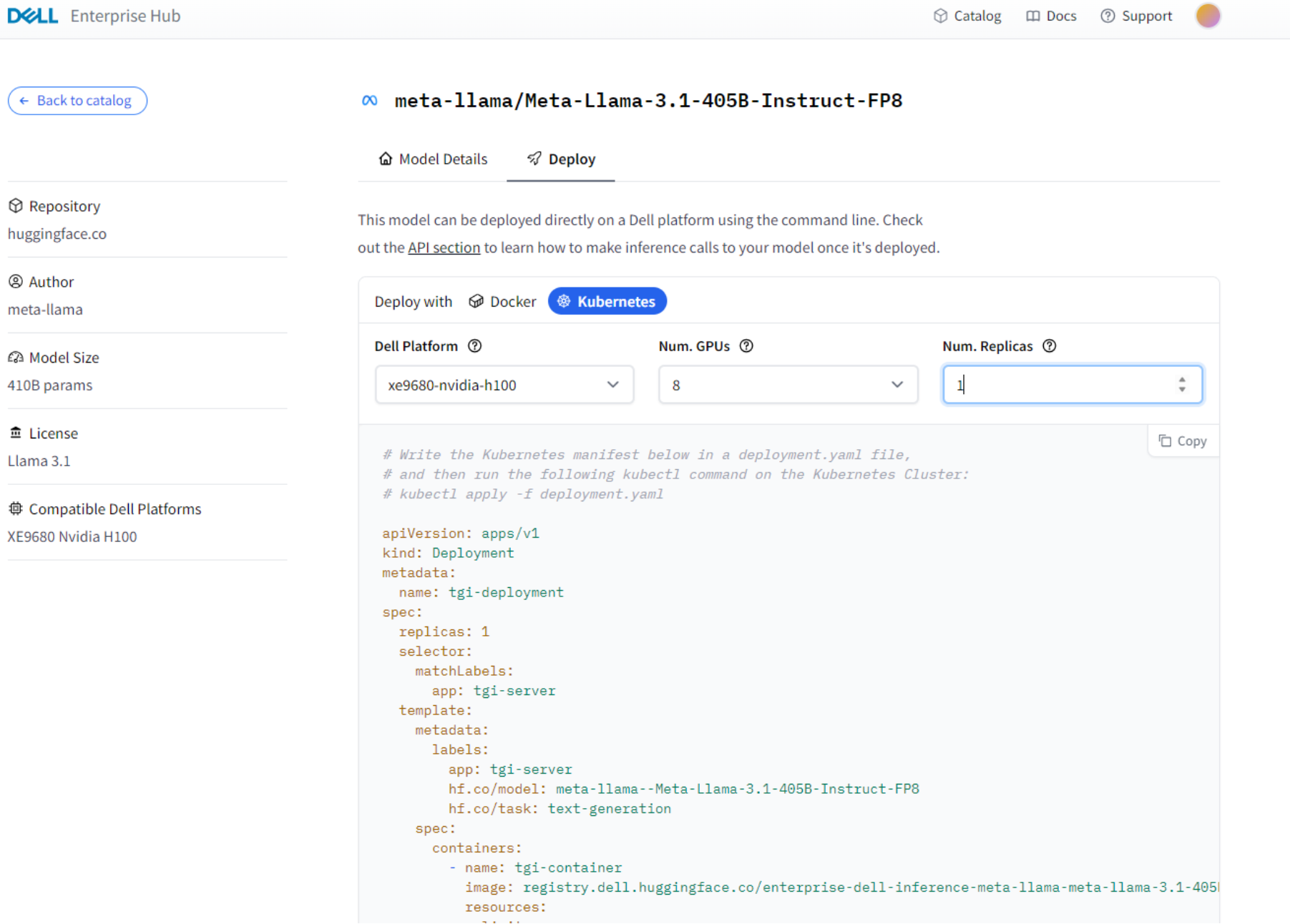 This image shows the result after clicking a model card in Dell Enterprise Hub. There is an option to deploy with Kubernetes on the screen,  and below that are filters for Dell platform, number of GPUs, and replicas. The YAML file needed to install the model is below the filters.