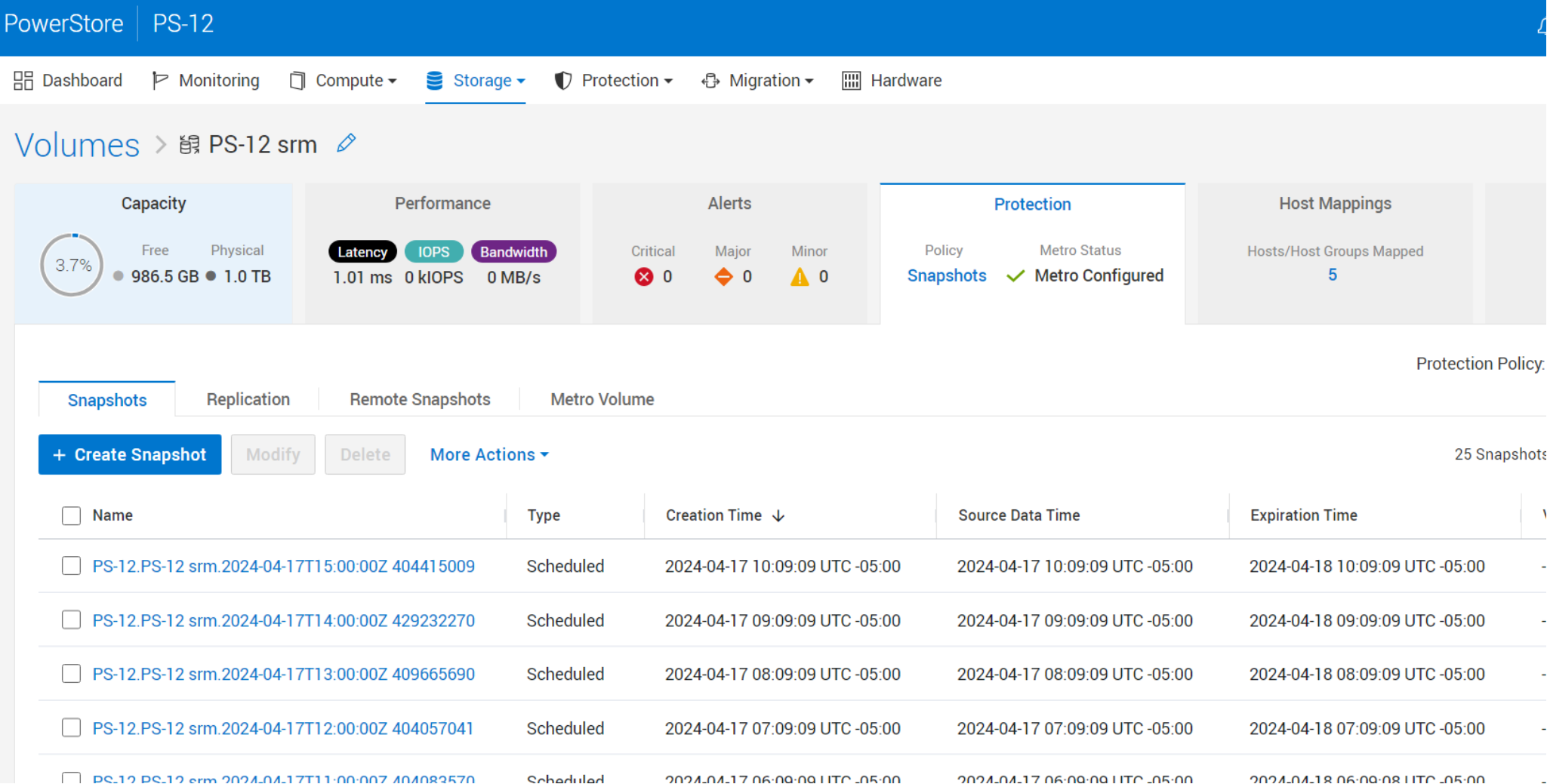 This figure lists all snapshots replicated to the recovery site.